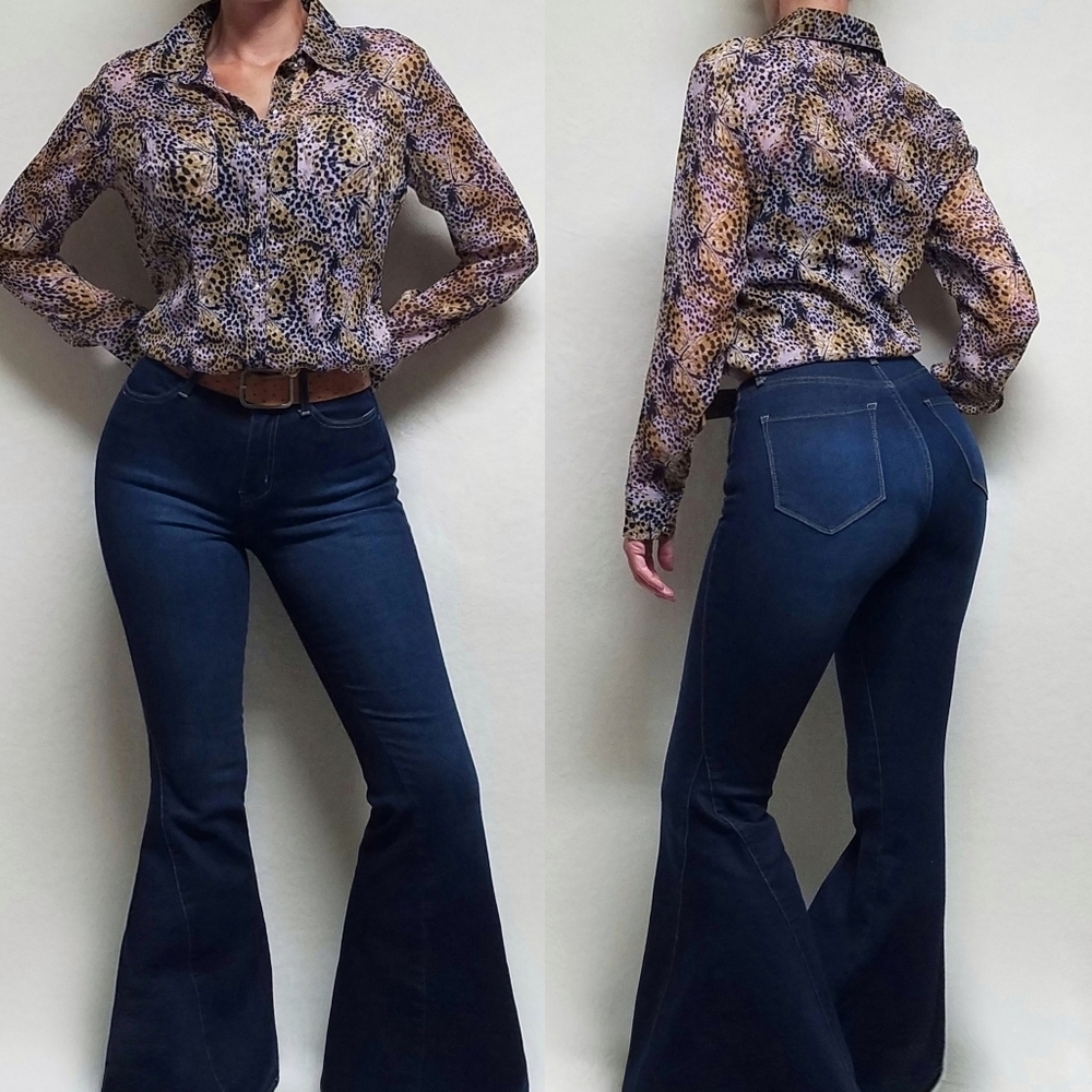 Vintage Cumberland Outfitters Leopard Butterfly Print Button Up Chiffon Blouse M